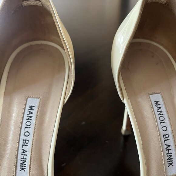Manolo Blahnik Catalina Open Toe Heels Size 41 Patent Leather Beige Cream 4.5" - Picture 4 of 8